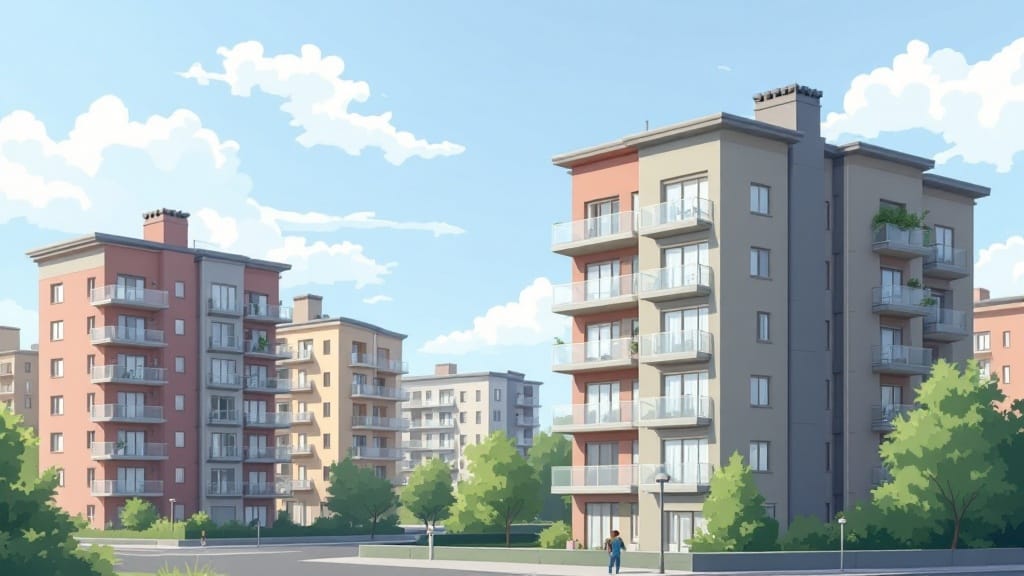 赤と灰色のマンションがまばらに複数建っている、その周りには木々が生い茂っているイラスト