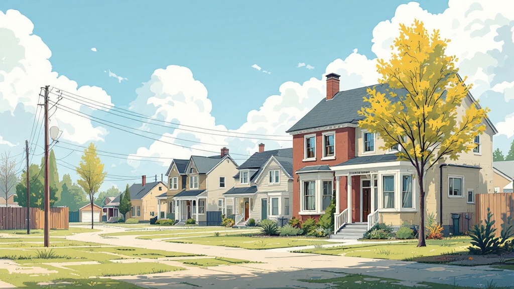 赤と白の一軒家が建っていて、その奥にも複数の同じような家が建っている、周りには木々が植えられているイラスト