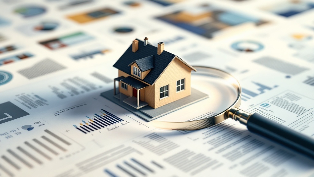 たくさんのグラフデータの上に、藍色の屋根の家の模型と虫眼鏡が置いてあるイラスト