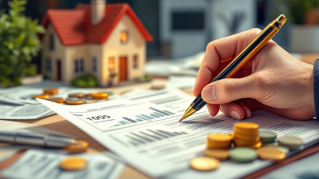 書類に文字を記入している、手前にはお金が積まれている、奥には赤い屋根の家の模型が置いてあるイラスト