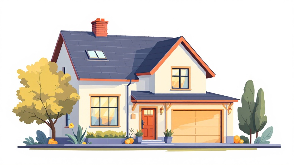 黒い屋根の一軒家が建っている、その周りに木が２本立っているイラスト