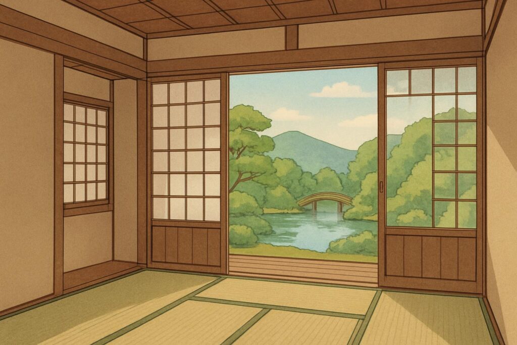 木々と池、橋が障子の先に広がる畳をメインとした和室のイラスト