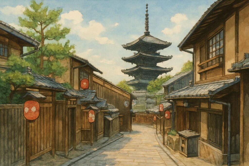 真ん中に聳え立つ五重塔が見える古き良き京都の街並みのイラスト