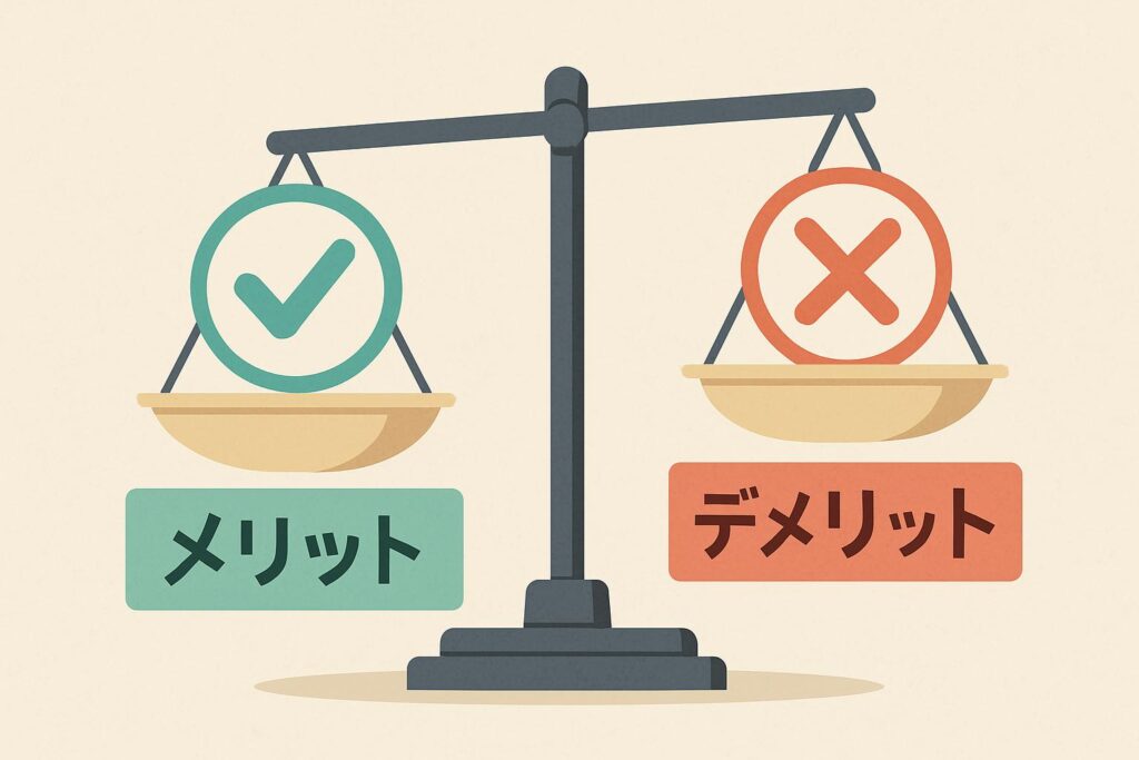 天秤にメリット、デメリットが乗せられて、メリットに傾いているイラスト