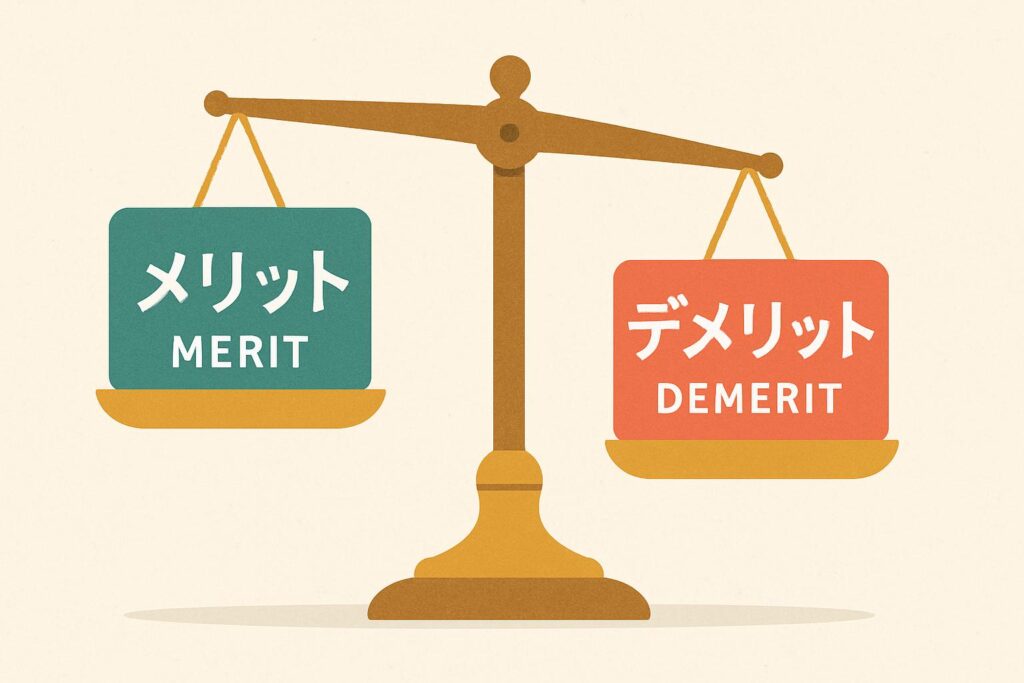 デメリットとメリットが天秤にかけられ、デメリットに傾いているイラスト