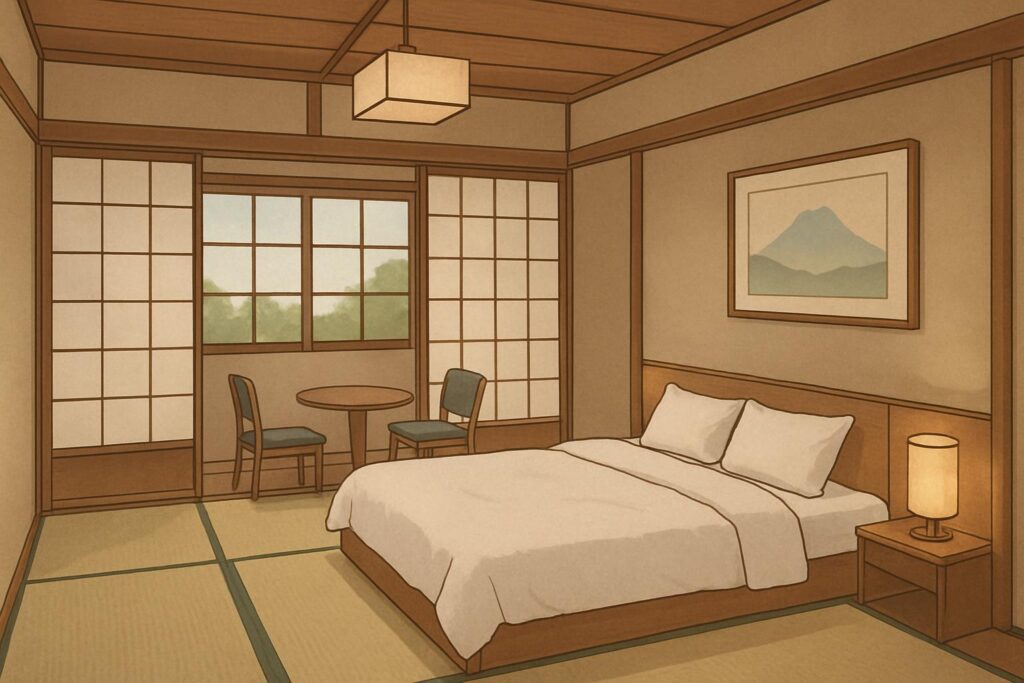 富士山の絵が飾られた、茶色を基調とした和室にベットとデーブル、椅子が置かれているイラスト