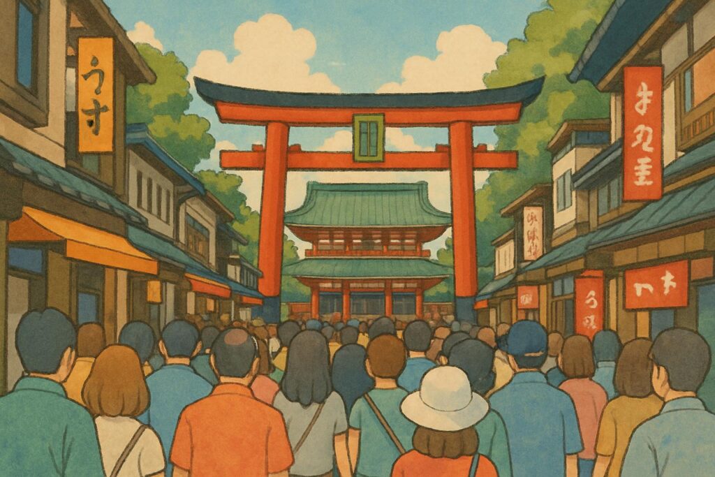 様々な国籍の人々が日本の観光名所に訪れ、行列をなしながら楽しんでいるイラスト