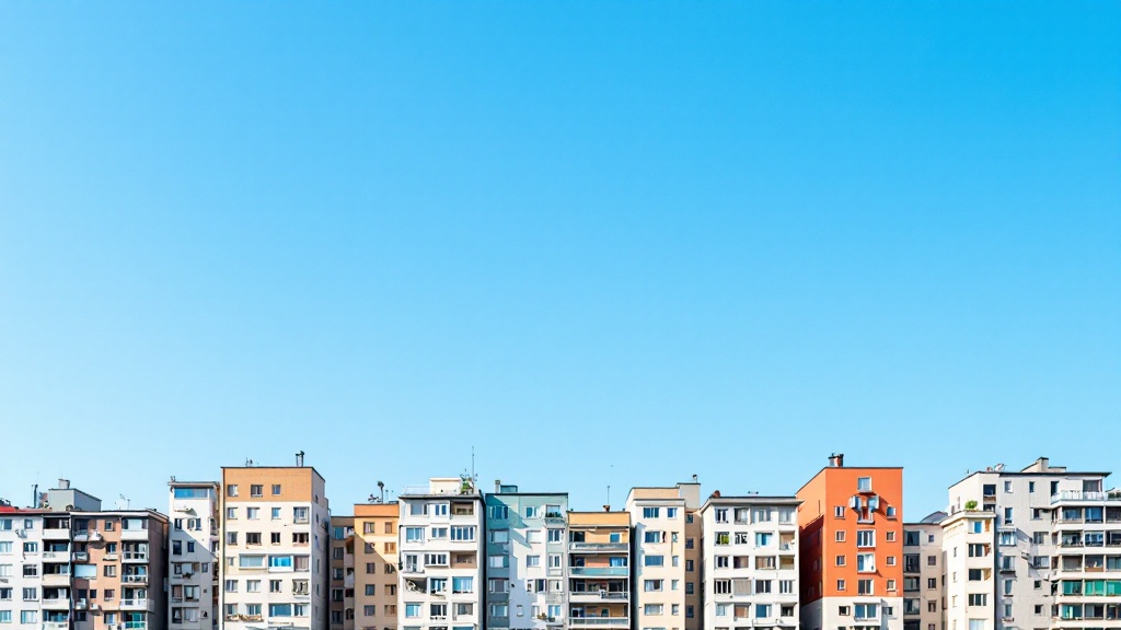 様々な形、色をしたビルやマンションが青い空の下に立ち並んでいるイラスト