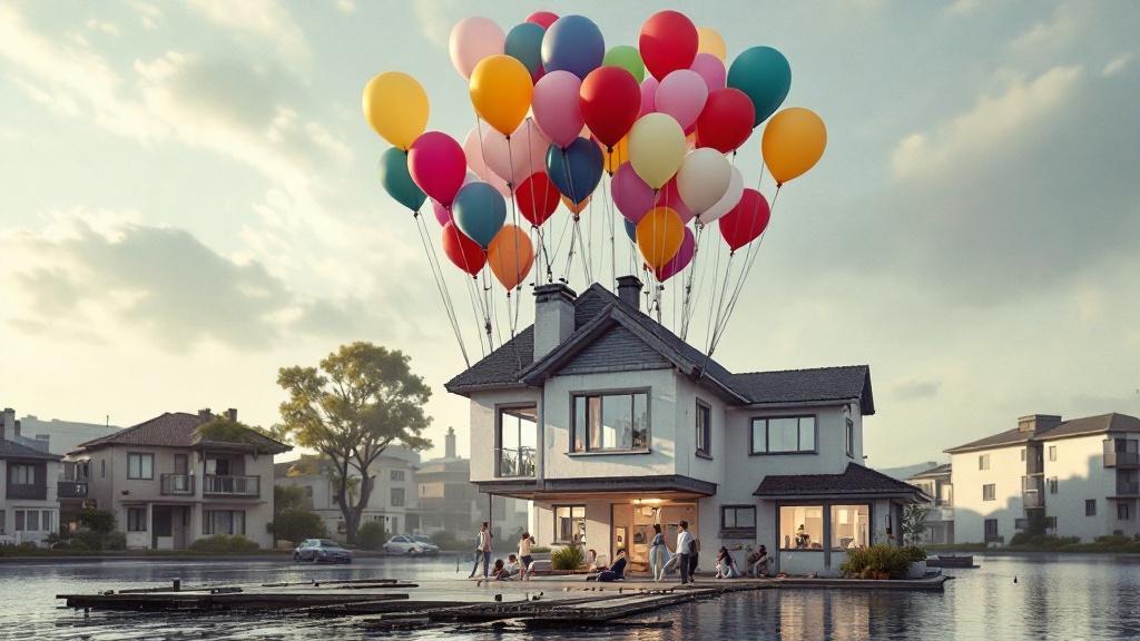 カラフルな風船を屋根に取り付けて家を浮かせて、水浸しの街から守ろうとするイラスト