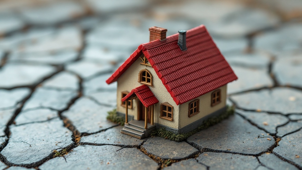 ひび割れた道路の上に、煙突がある赤い屋根の家の模型が置かれているイラスト