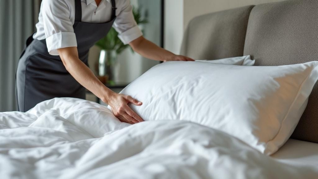 ベットメイキングするハウスキーパーのイラスト