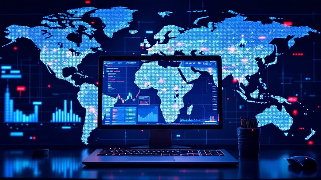 デジタル世界地図の背景と、パソコンのディスプレイに世界の情勢が映し出されているイラスト