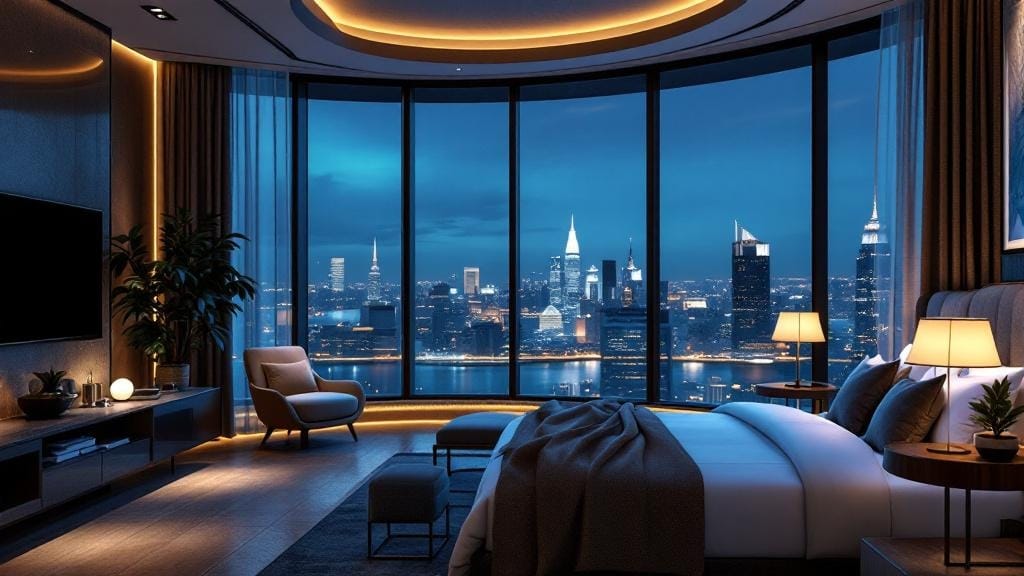 夜景の見える、モダンな高級ホテルの内装のイラスト