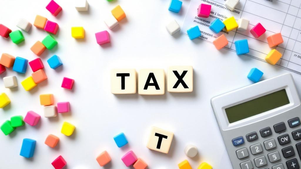 資料が置かれた机の上に電卓とカラフつな積み木が置かれているイラスト