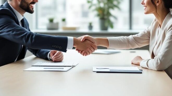 営業マンと女性が机の上で握手しているイラスト