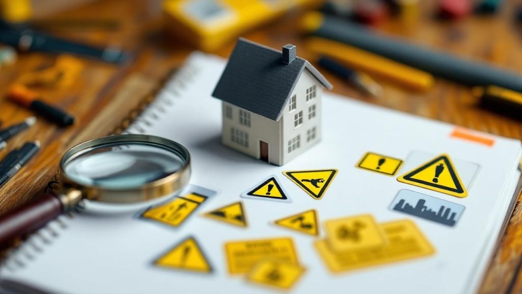 机に家の模型と、注意を促すシールが貼られているノートのイラスト