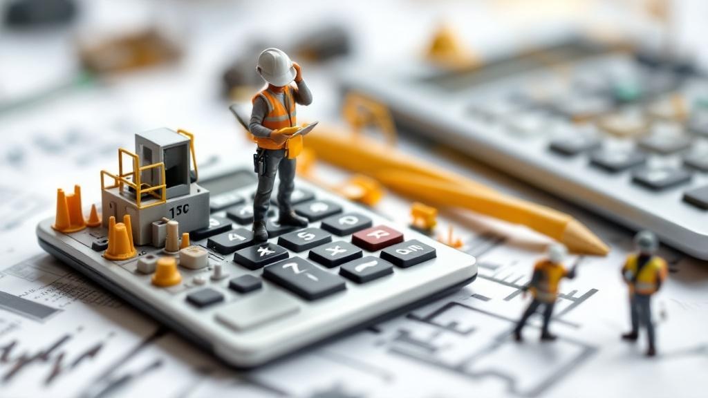 電卓の上で工事作業をしているミニチュアのイラスト