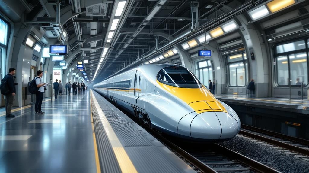 黄色い車体のリニア新幹線が駅に到着する様子を表したイラスト