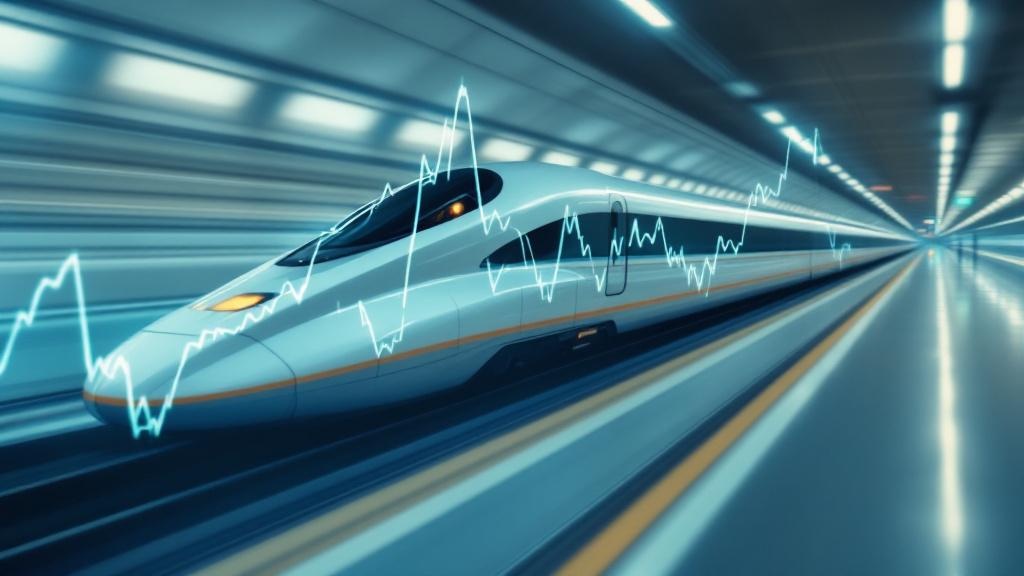 走るリニアモーターカーと乱高下する折れ線グラフのイラスト
