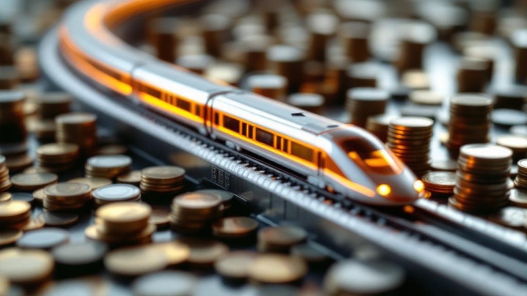 オレンジ色のリニアモーターカーがお金積み重なった線路沿いを走るイラスト