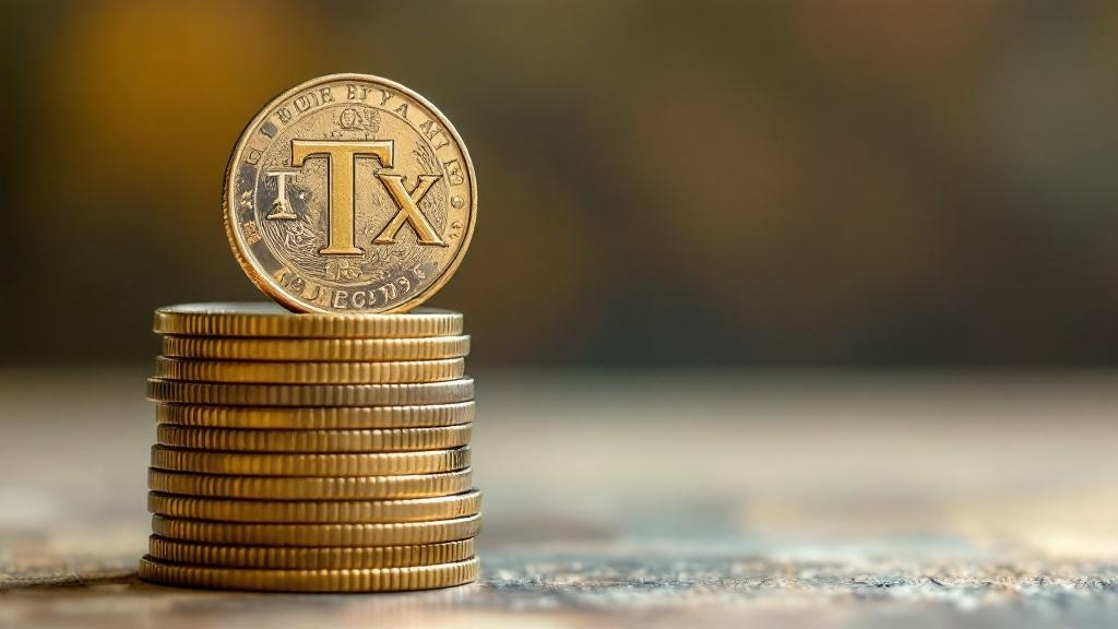 積まれたコインの上でTXと書かれたコインが立っているイラスト