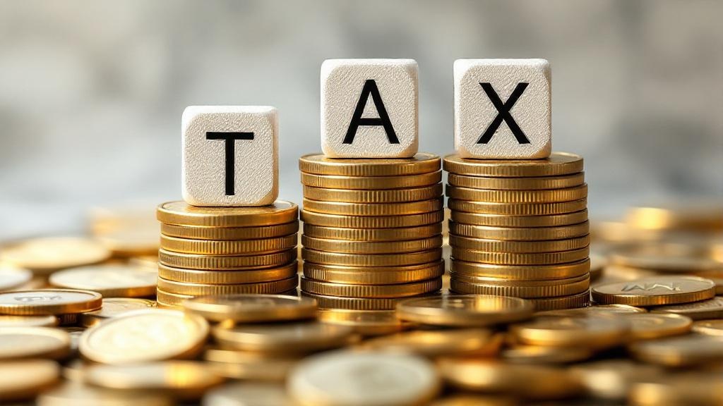 積み重ねられた三段のコインの上にTAXと書かれた積み木が乗っているイラスト