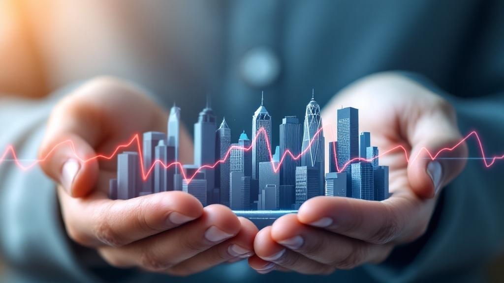 両手の中に置かれた家やビルの模型と半透過した心電図のイラスト