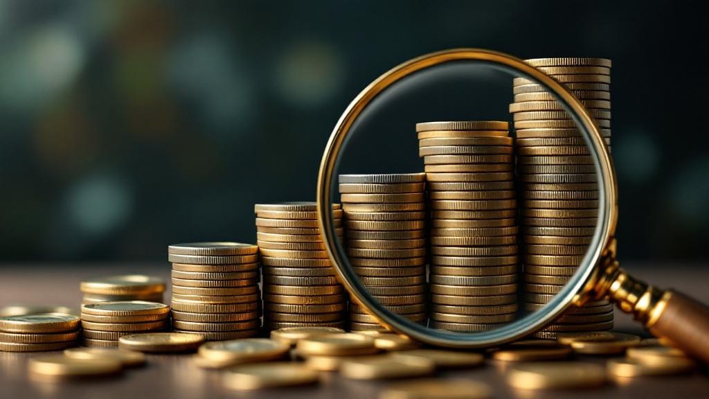 積み上げられたコインを虫眼鏡で覗くイラスト