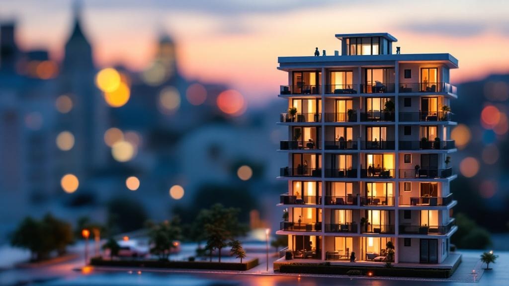 夕暮れ時、マンションのそれぞれの部屋の照明が着いていて家族団欒を思わせるイラスト