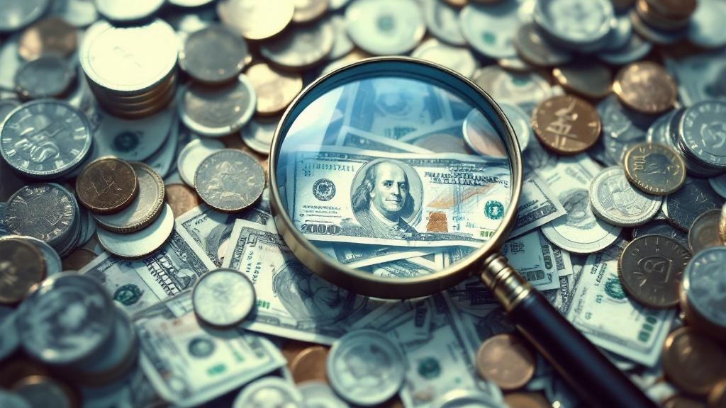 山積みになった紙幣やコインと虫眼鏡のイラスト