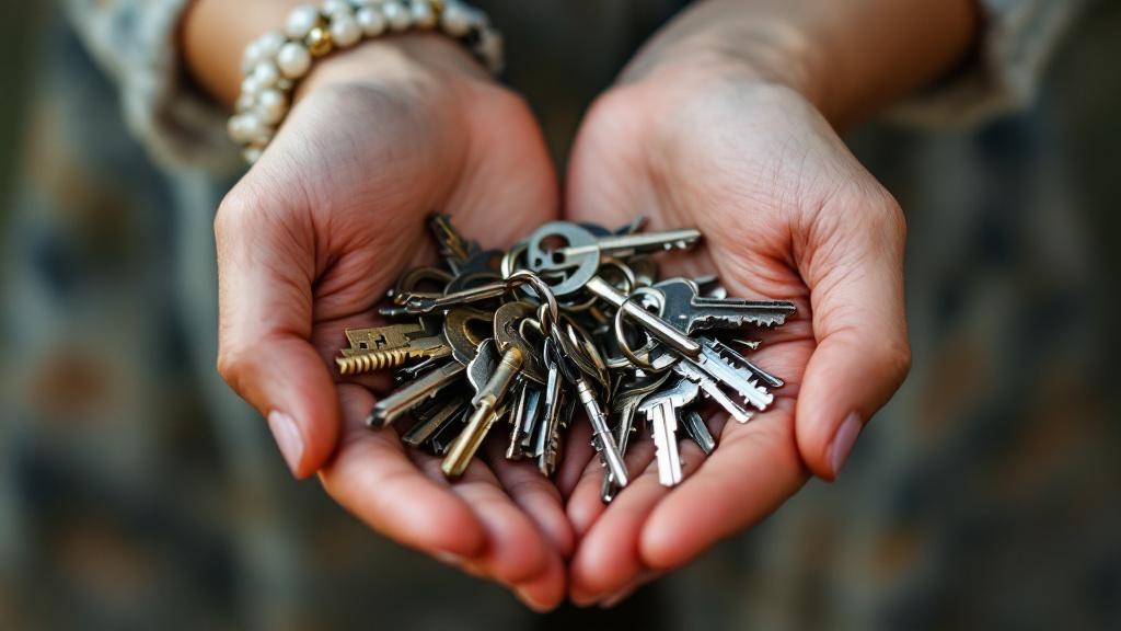 女性が様々な鍵を両手に置いているイラスト