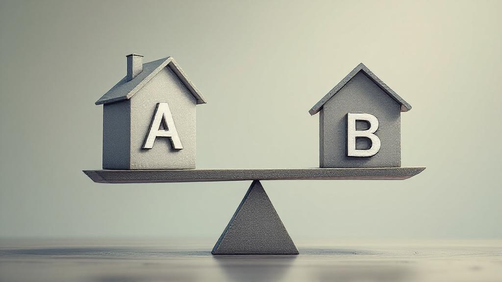 AとBが書かれた家の模型が秤にのせられ、均衡が取れているイラスト