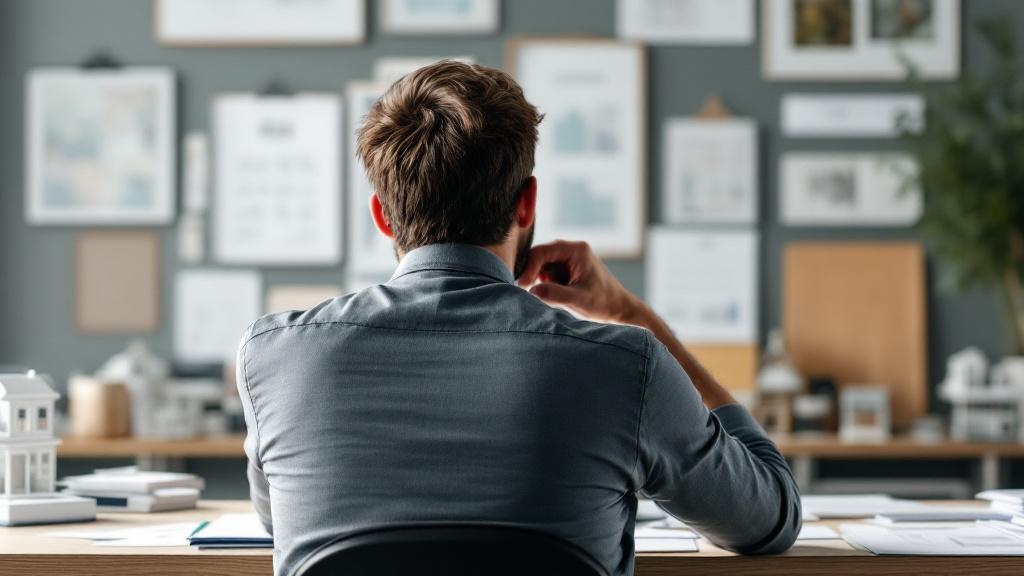 壁に貼られた書類を眺めながら男性が悩んでいる後ろ姿のイラスト