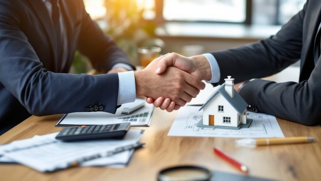 机に向かい合って座るサラリーマンが握手するイラスト