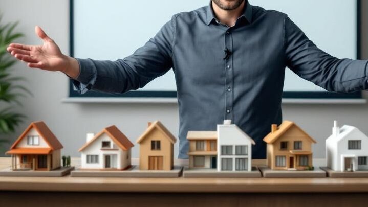家の模型を並べながらどの家にするか考えている男性のイラスト
