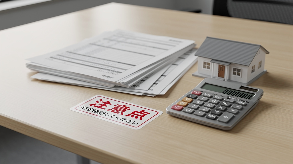 机の上に書類と電卓、家の模型と注意点と書かれたシールが置かれているイラスト
