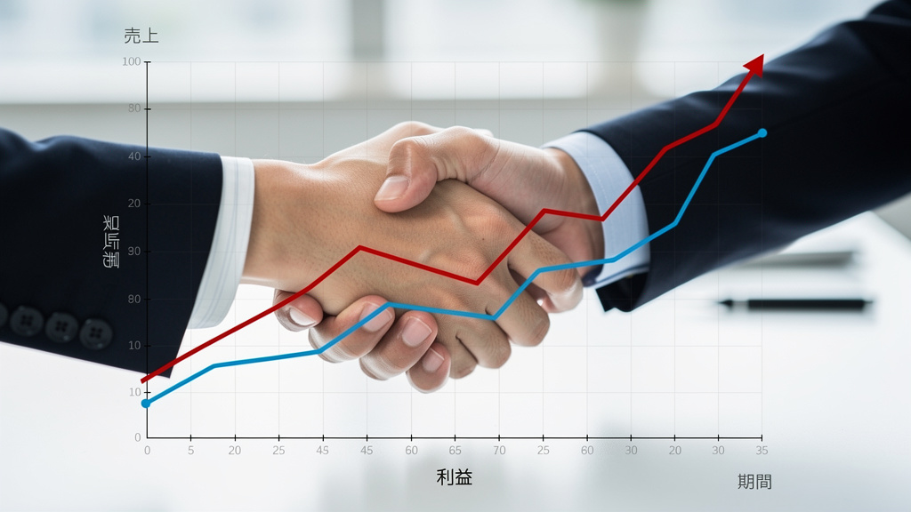 握手しているサラリーマンの手元と、売上などについて記した折れ線グラフのイラスト