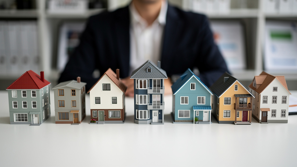 様々な家の模型を並べながら、違いを確認している男性のイラスト
