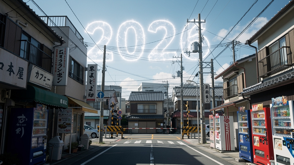 日本の街並みの空に2026と書かれた文字が浮かんでいるイラスト