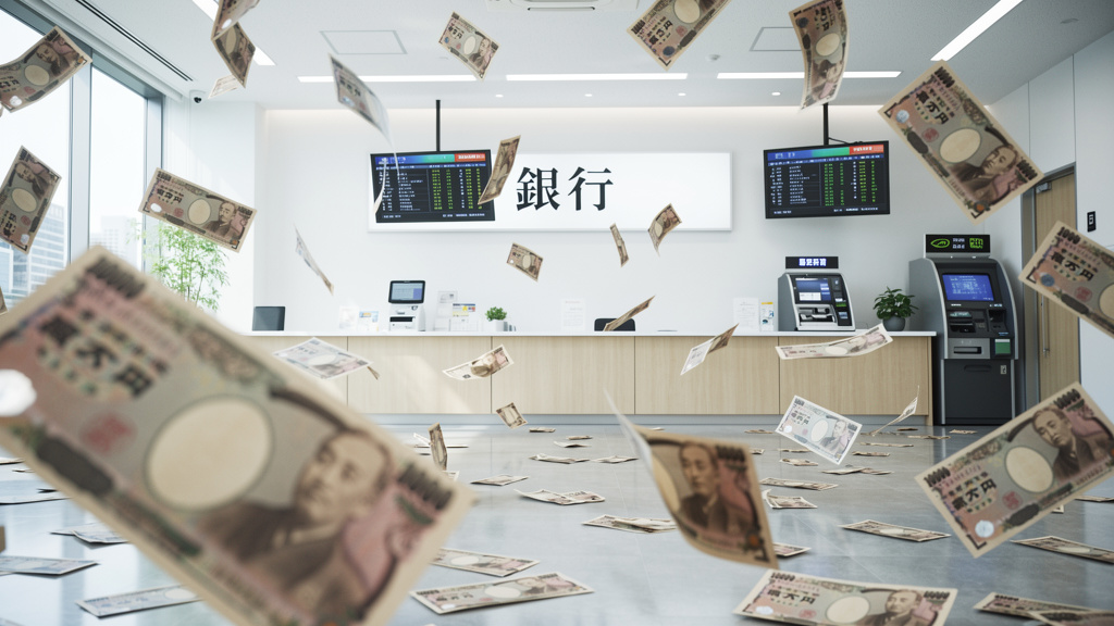 日本の銀行でお金が舞うイラスト