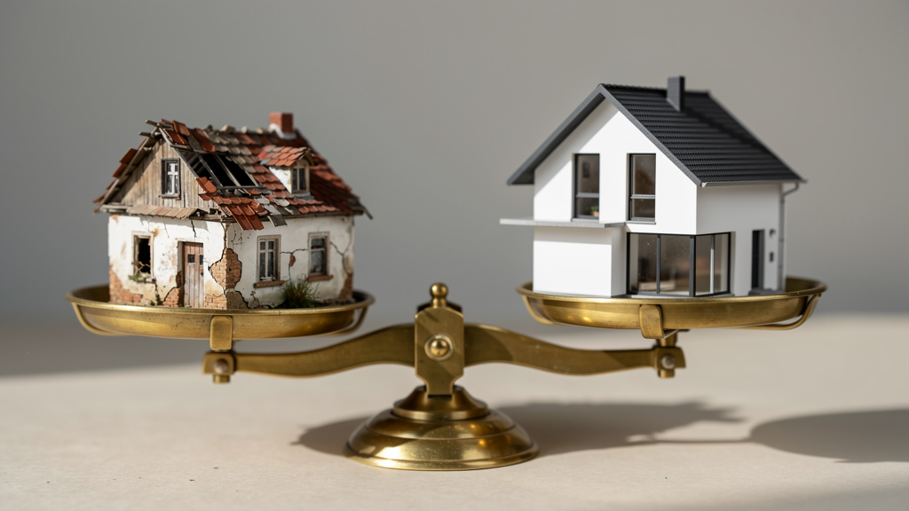 秤に新しい家と古い家が載せられているイラスト