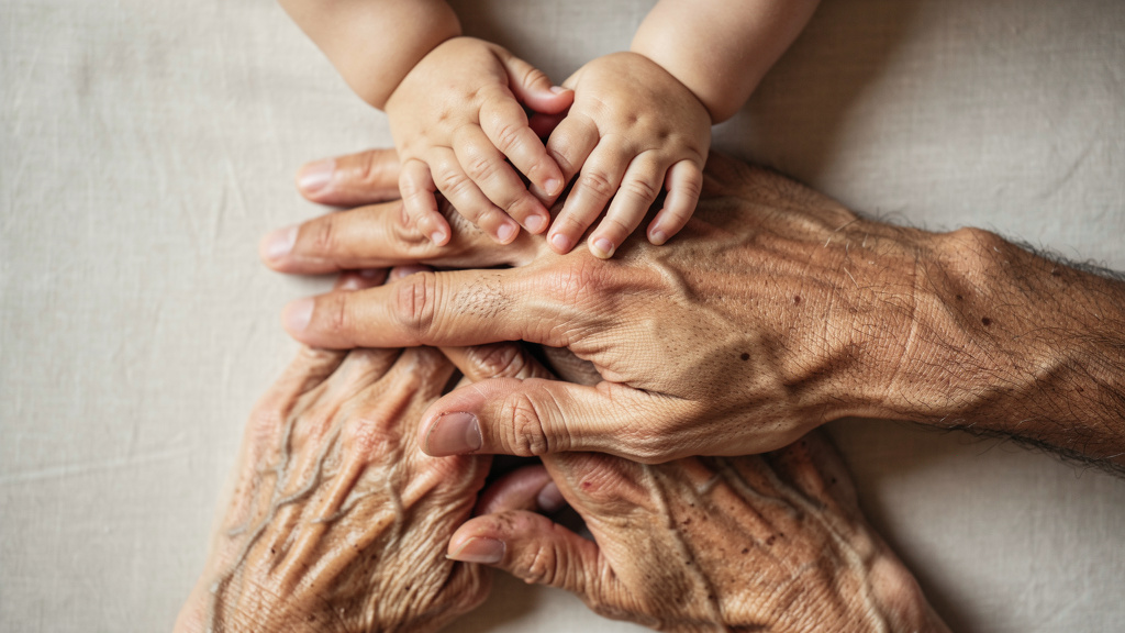 様々な年代の人が手を重ねているイラスト