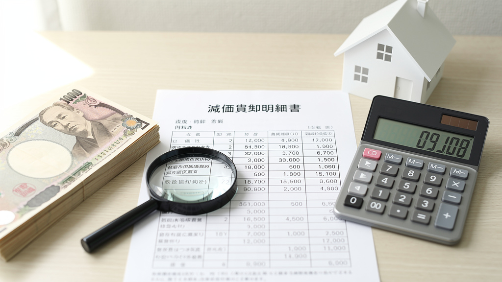 減価償却について書かれた書類と家の模型、日本円が机に置かれているイラスト