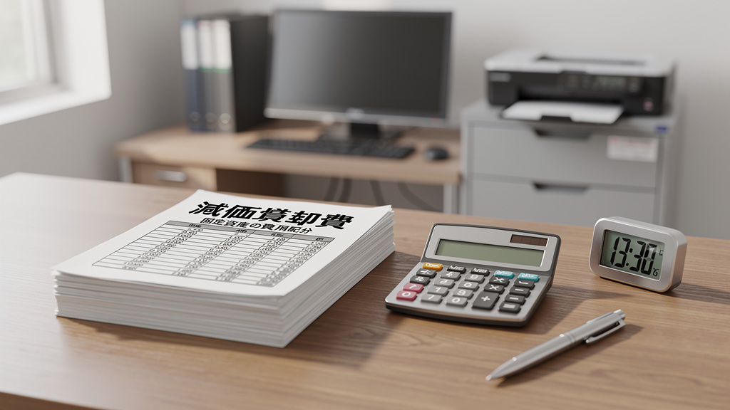 減価償却費について書かれた書類と電卓、ボールペンが机に置かれているイラスト