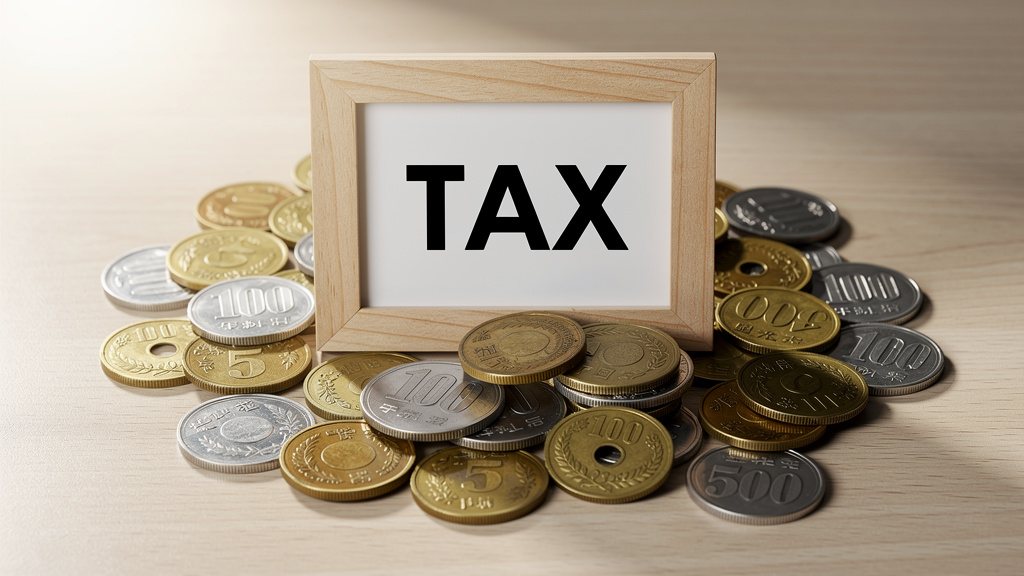 散らばった日本の小銭の上に、TAXと書かれた額が置かれているイラスト