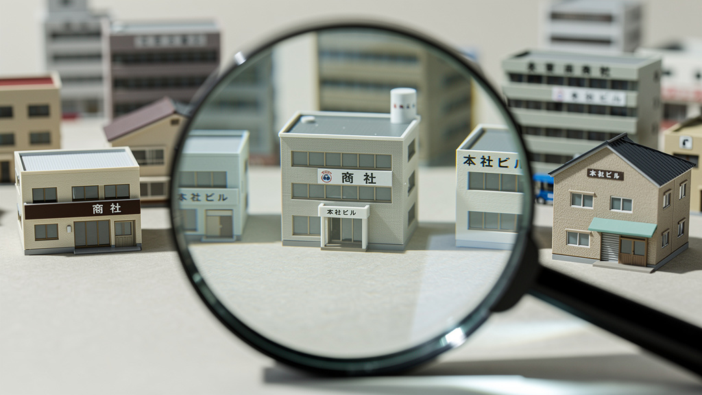 ビルや家の模型を虫眼鏡で覗き込むイラスト
