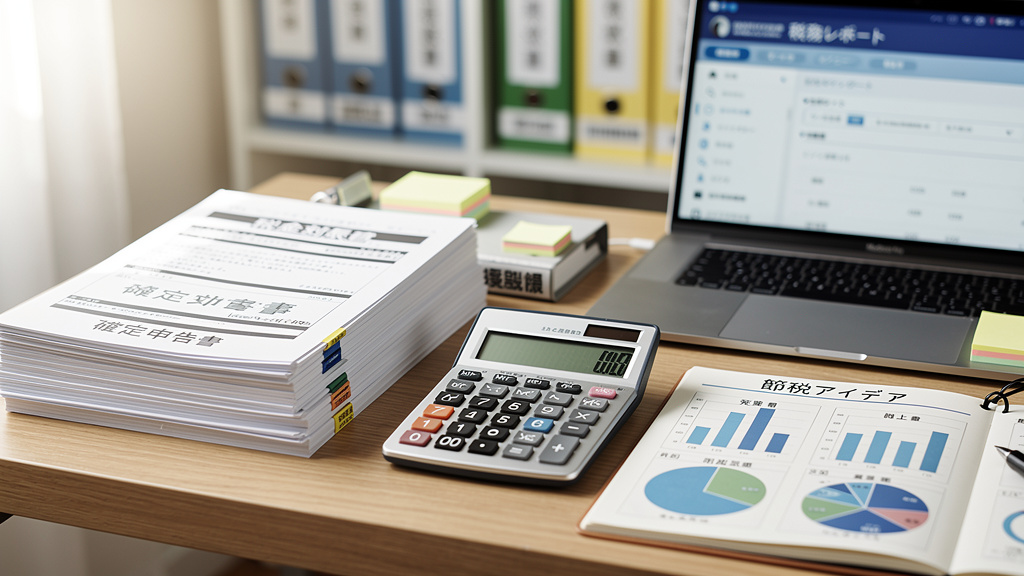 パソコン作業をしながら、節税について調べているイラスト