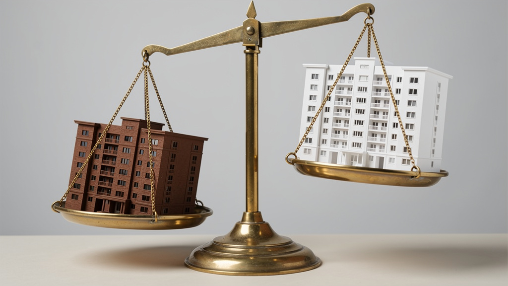 天秤に白いマンションと茶色いマンションが乗せられ、左に傾いているイラスト