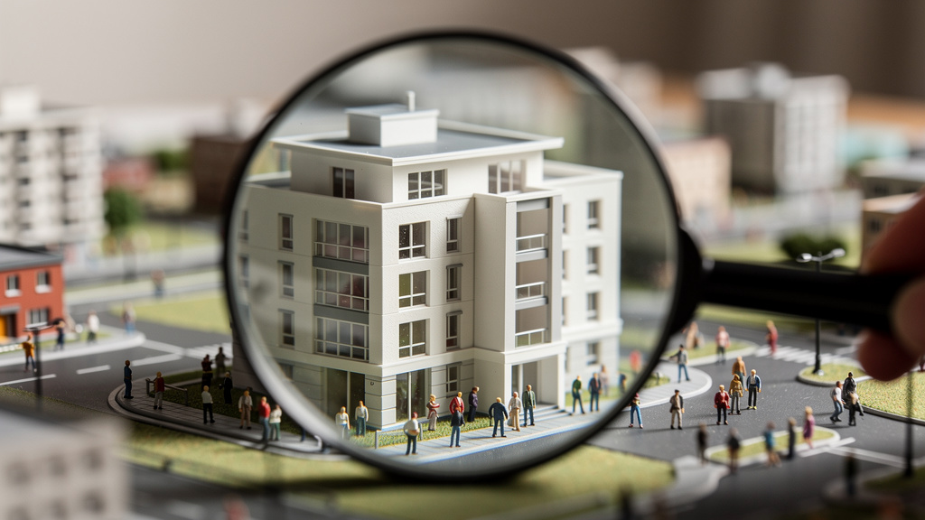 白いマンションを虫眼鏡で覗き込むイラスト