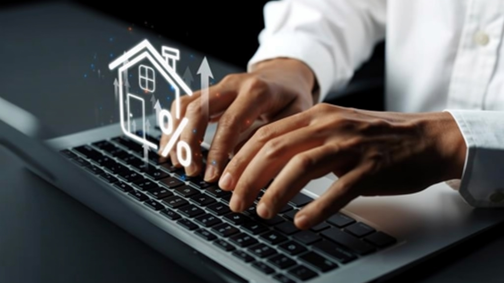 男性がパソコンのキーボードを打ち込み、家の情報を掲載しているイラスト
